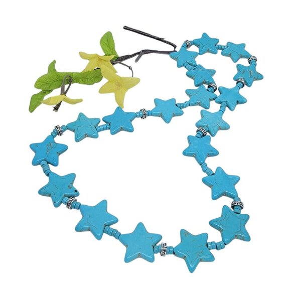 Hand Crafted Jewelry - Turquoise Colored Beaded Necklace with Star Design and Silver Spacers  New